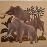 Illustration les Éléphants - Kalila et Dimna Peinture de style oriental représentant trois éléphants gris