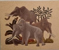 Illustration les Éléphants - Kalila et Dimna Peinture de style oriental représentant trois éléphants gris