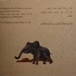 Page intérieure - Royaume des Éléphants Page intérieure du livre montrant un texte bilingue sur la sécheresse au royaume des éléphants avec l'illustration d'un éléphant seul.